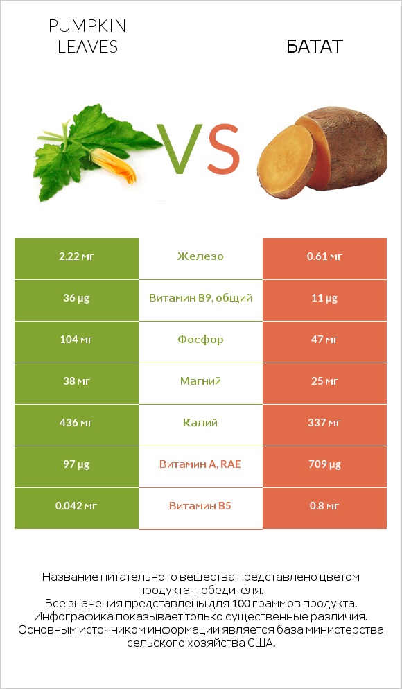 Pumpkin leaves vs Батат infographic