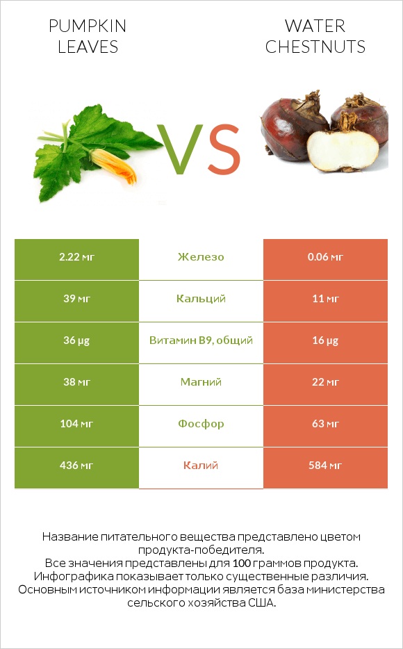 Pumpkin leaves vs Water chestnuts infographic