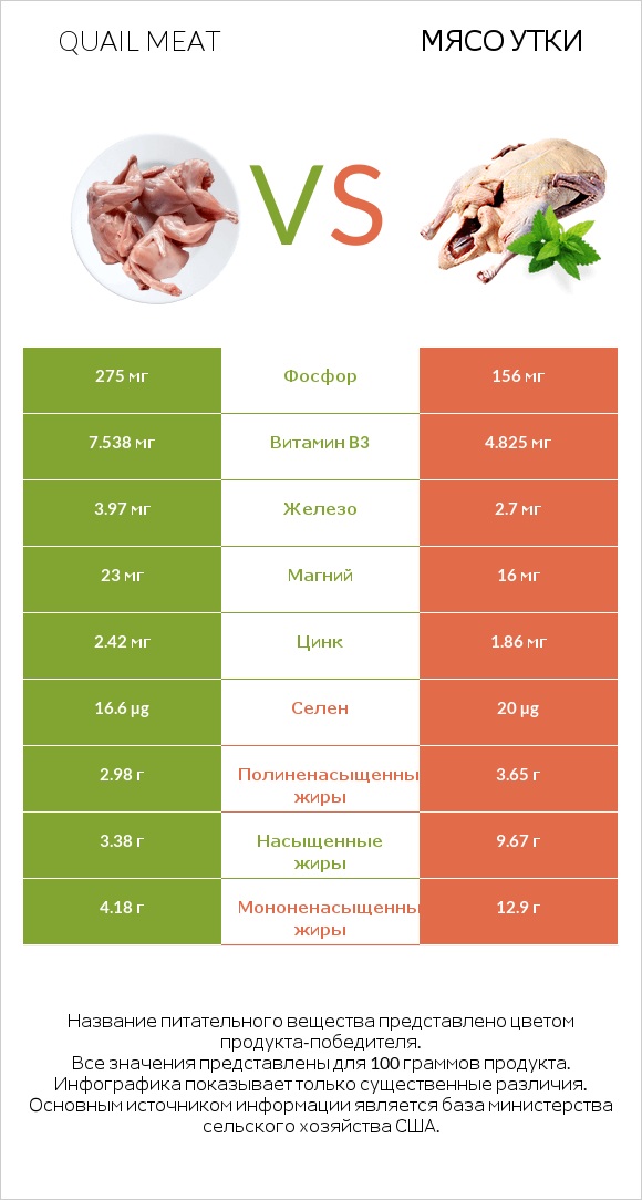 Quail meat vs Мясо утки infographic