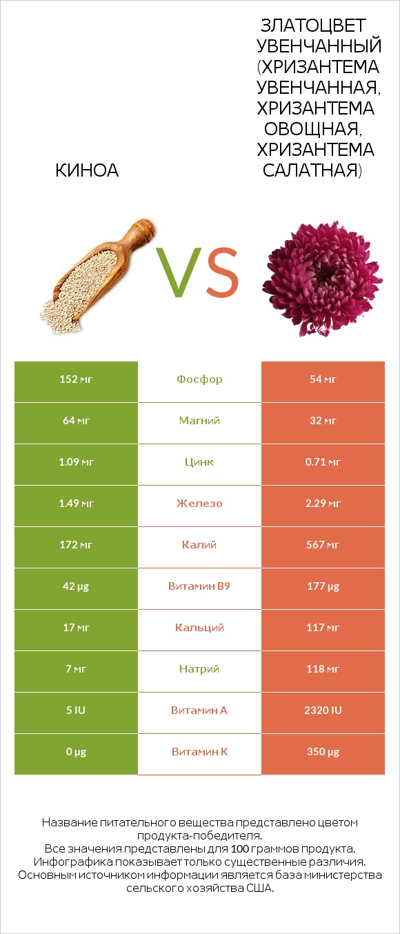 Киноа vs Златоцвет увенчанный (хризантема увенчанная, хризантема овощная, хризантема салатная) infographic