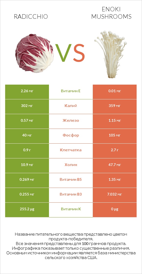 Radicchio vs Enoki mushrooms infographic