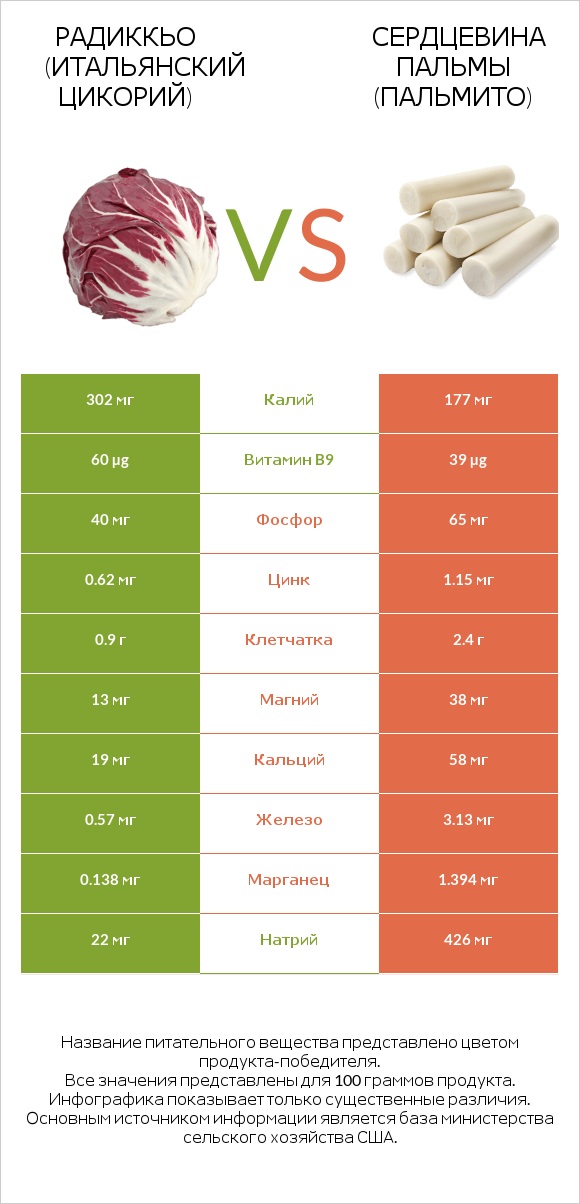 Радиккьо (итальянский цикорий) vs Сердцевина пальмы (пальмито) infographic