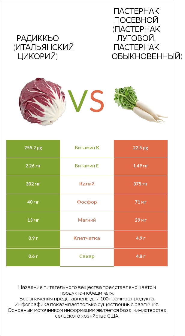 Радиккьо (итальянский цикорий) vs Пастернак посевной (Пастернак луговой, Пастернак обыкновенный) infographic