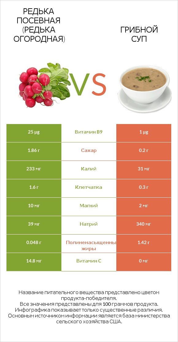 Редька посевная (Редька огородная) vs Грибной суп infographic