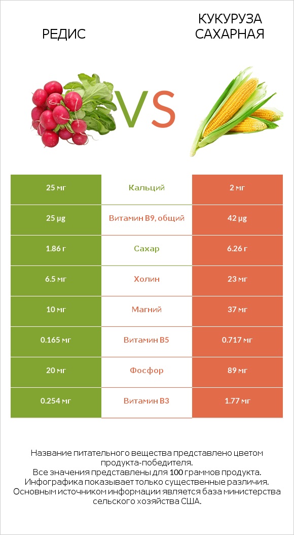 Редис vs Кукуруза сахарная infographic