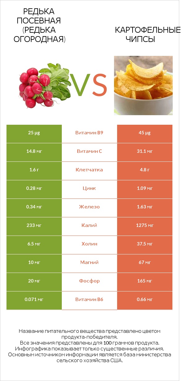 Редька посевная (Редька огородная) vs Картофельные чипсы infographic