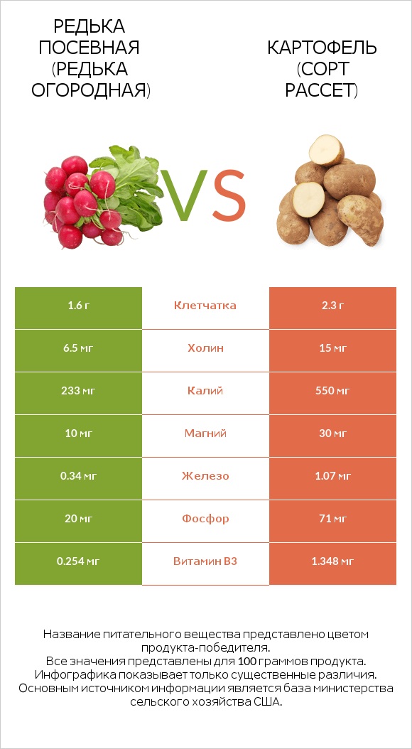 Редис vs Russet potato infographic