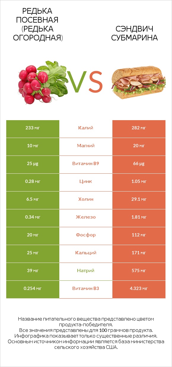Редька посевная (Редька огородная) vs Сэндвич Субмарина infographic