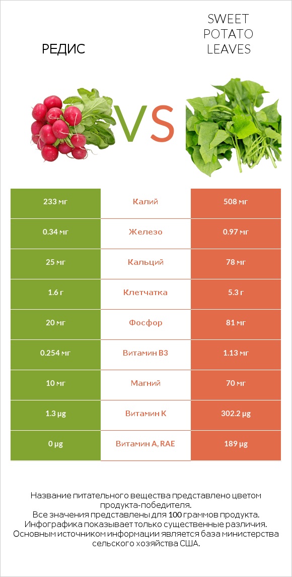 Редис vs Sweet potato leaves infographic