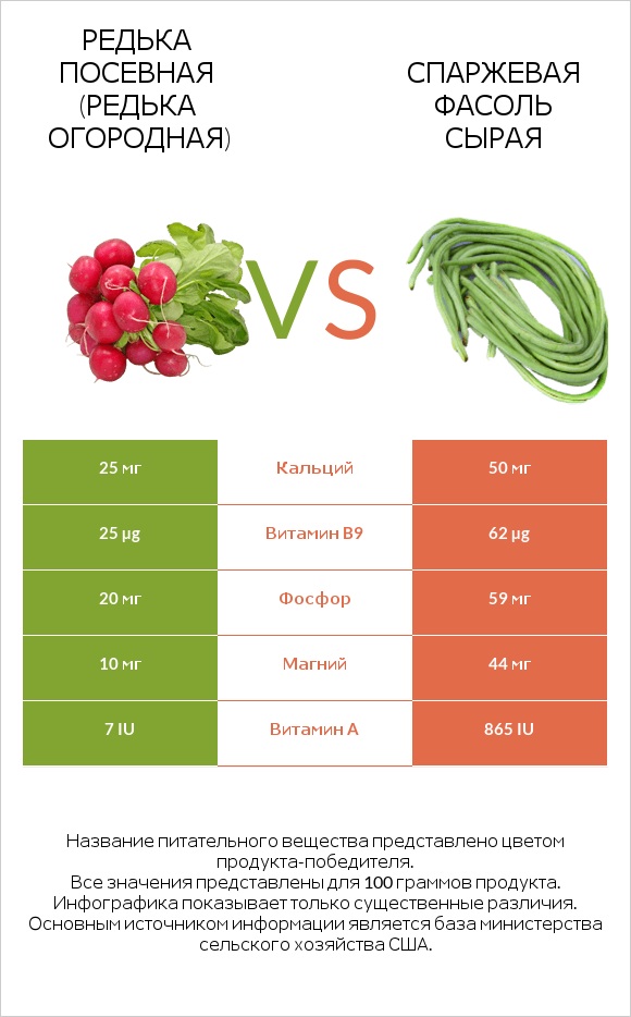 Редька посевная (Редька огородная) vs Спаржевая фасоль сырая infographic