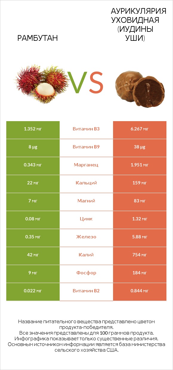 Рамбутан vs Аурикулярия уховидная (Иудины уши) infographic