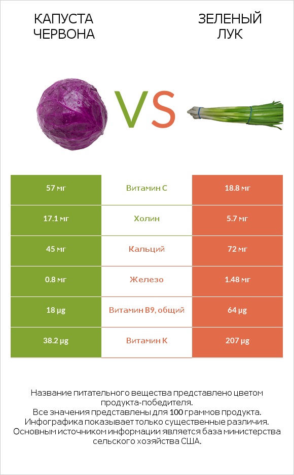 Капуста червона vs Зеленый лук infographic