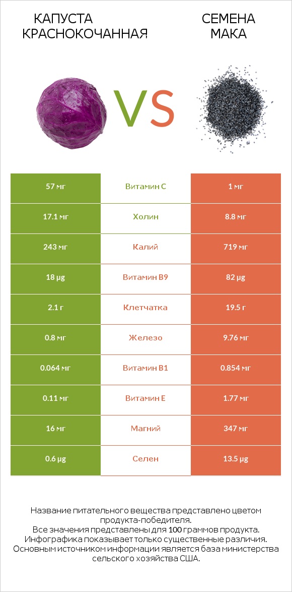 Капуста краснокочанная vs Семена мака infographic