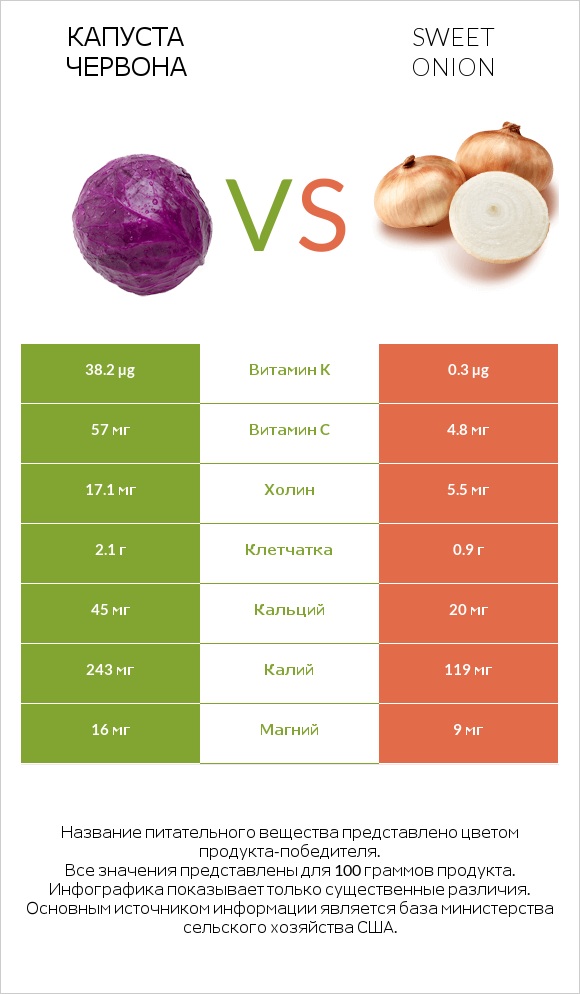 Капуста червона vs Sweet onion infographic