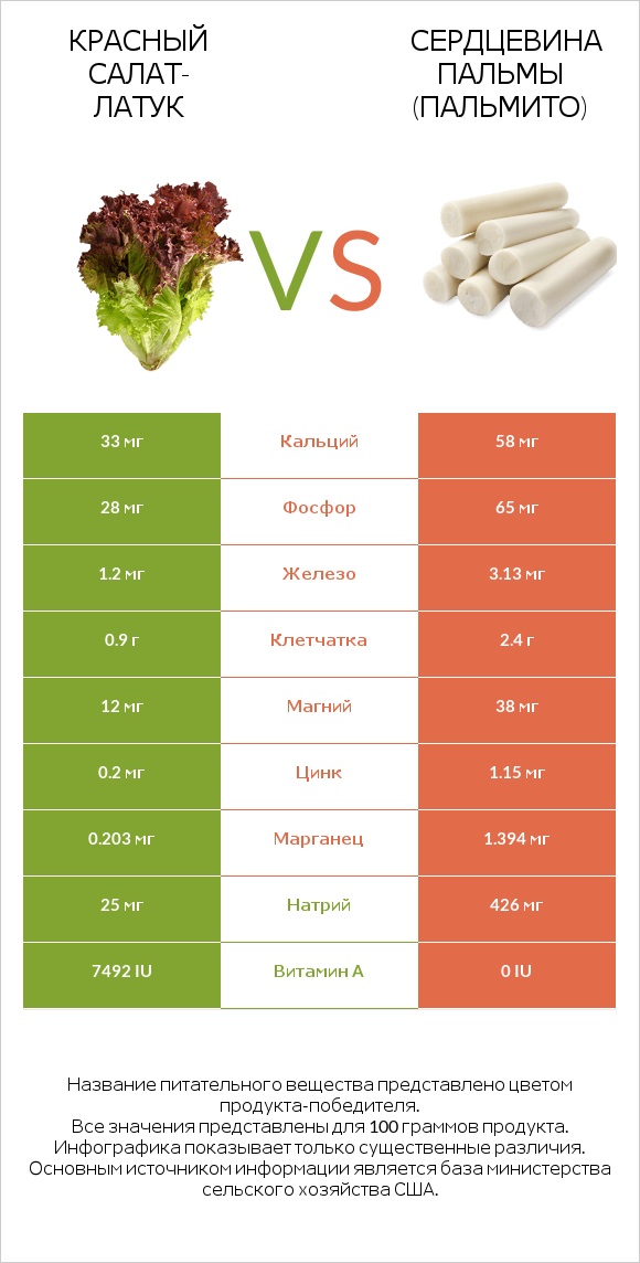 Red leaf lettuce vs Hearts of palm infographic