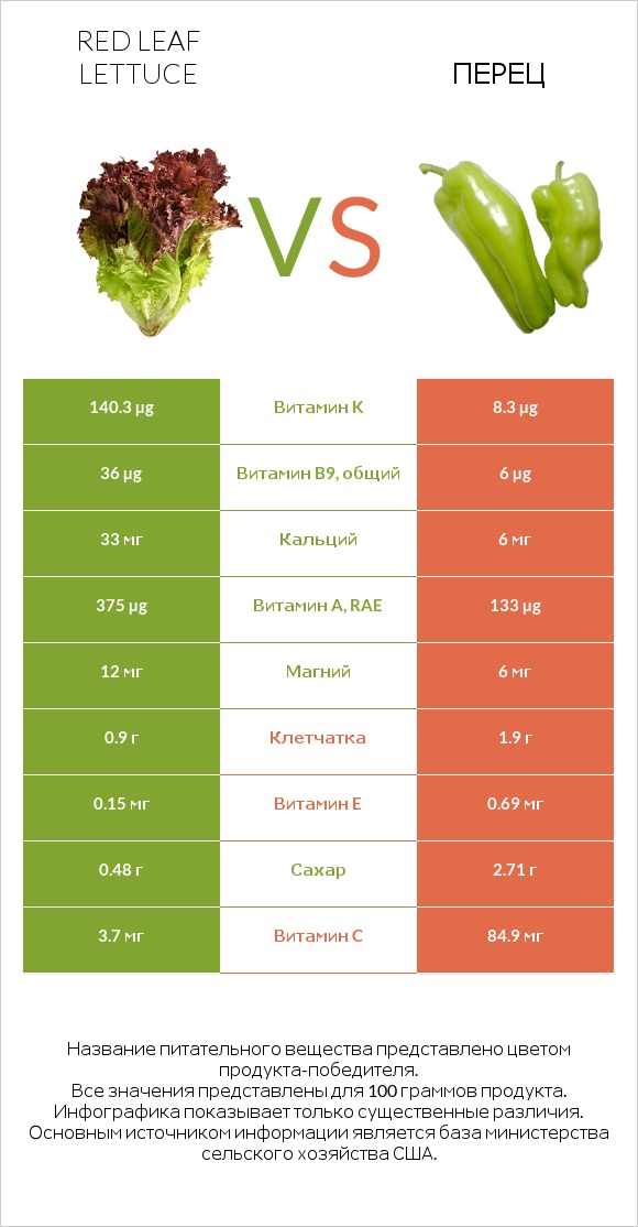 Red leaf lettuce vs Перец infographic
