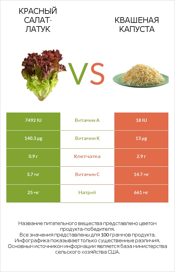 Красный салат-латук  vs Квашеная капуста infographic