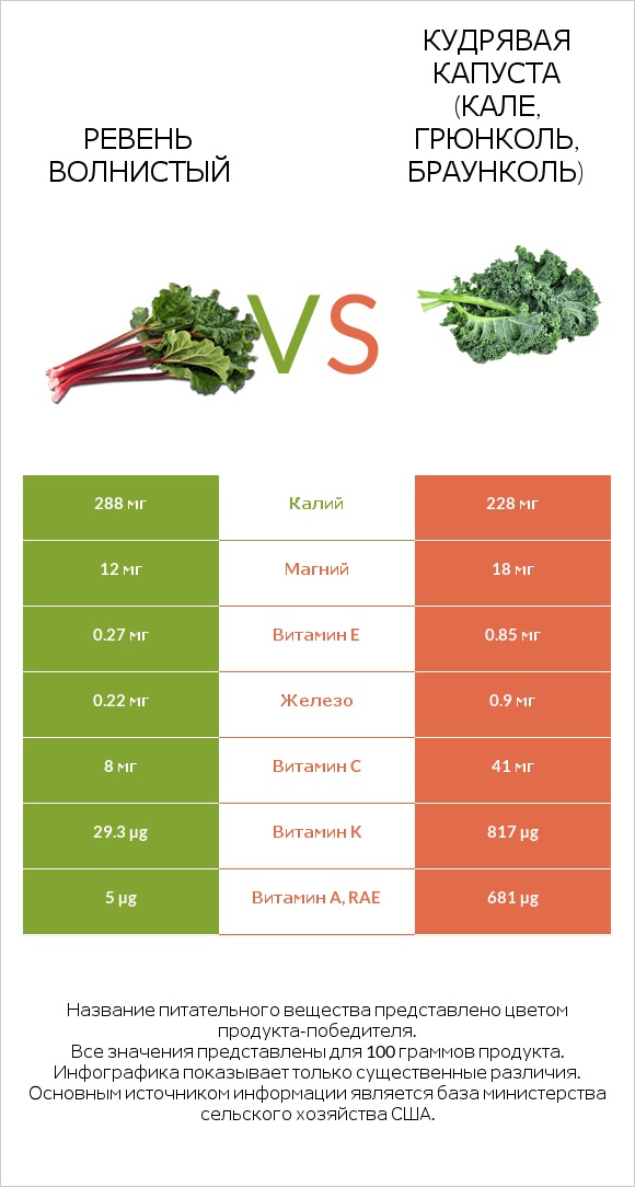 Ревень волнистый vs Кудрявая капуста (кале, грюнколь, браунколь) infographic