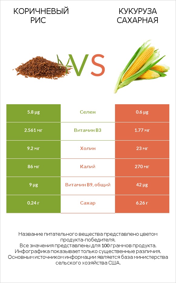 Коричневый рис vs Кукуруза сахарная infographic