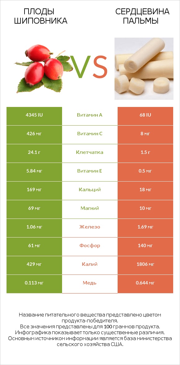 Плоды шиповника vs Сердцевина пальмы infographic
