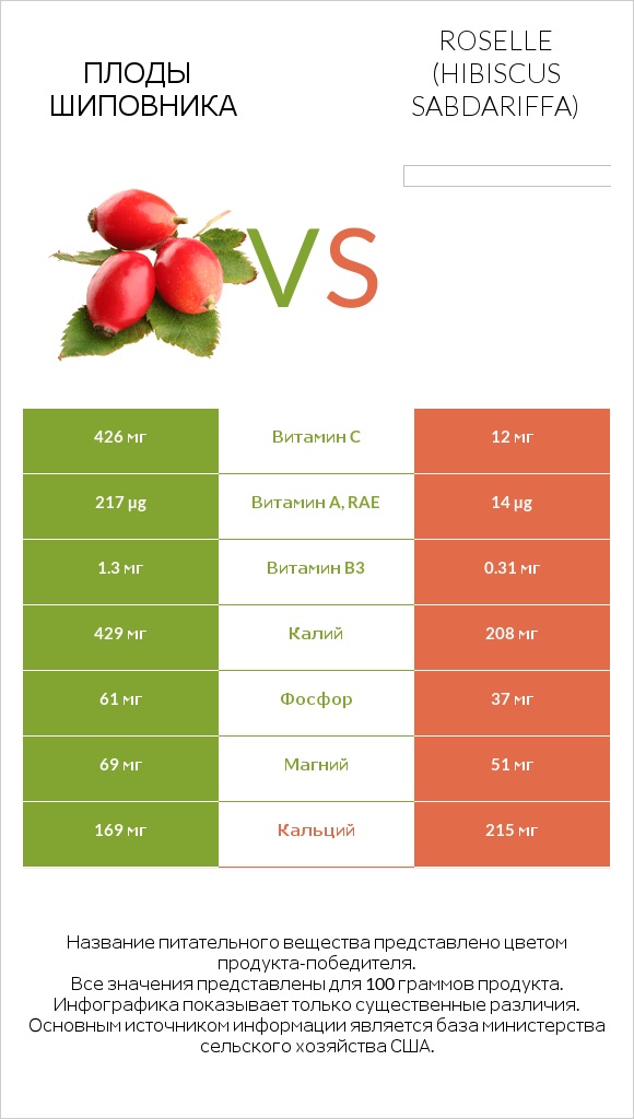 Плоды шиповника vs Roselle (Hibiscus sabdariffa) infographic