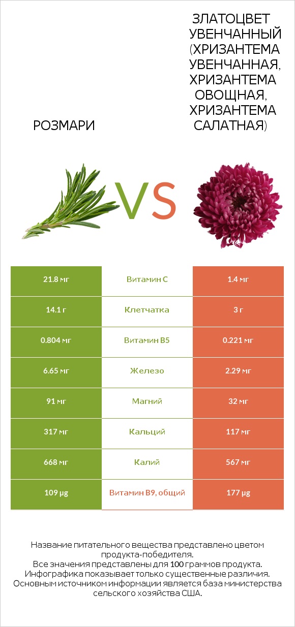 Розмари vs Златоцвет увенчанный (хризантема увенчанная, хризантема овощная, хризантема салатная) infographic