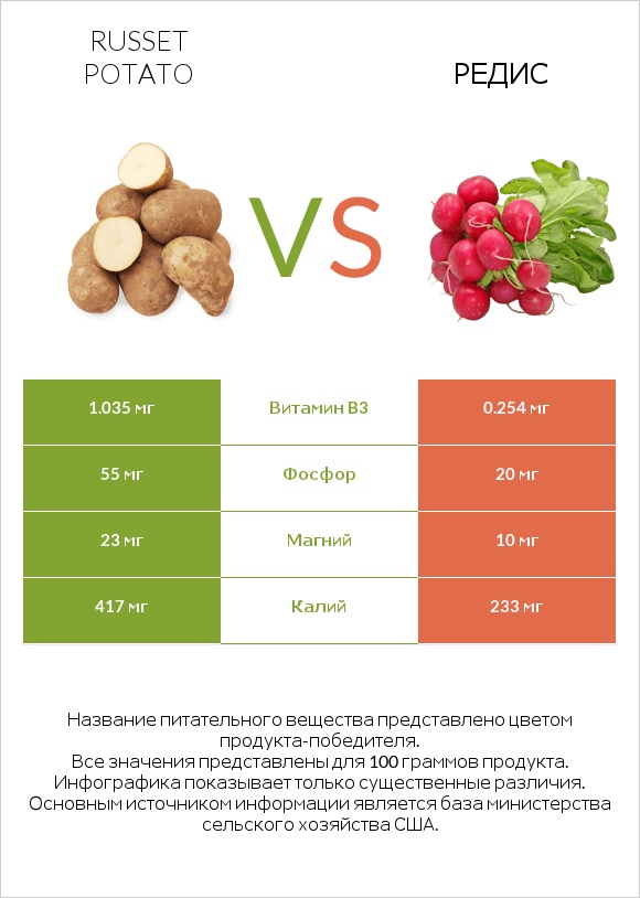Russet potato vs Редис infographic