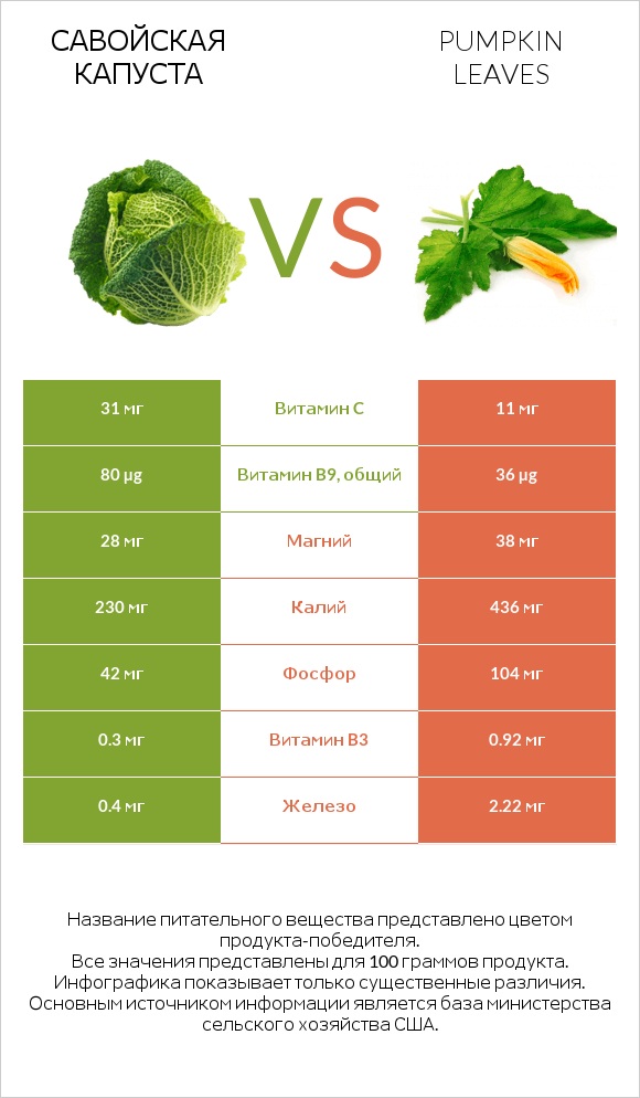 Савойская капуста vs Pumpkin leaves infographic