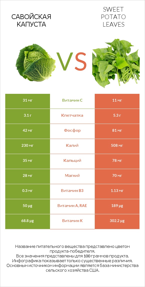 Савойская капуста vs Sweet potato leaves infographic
