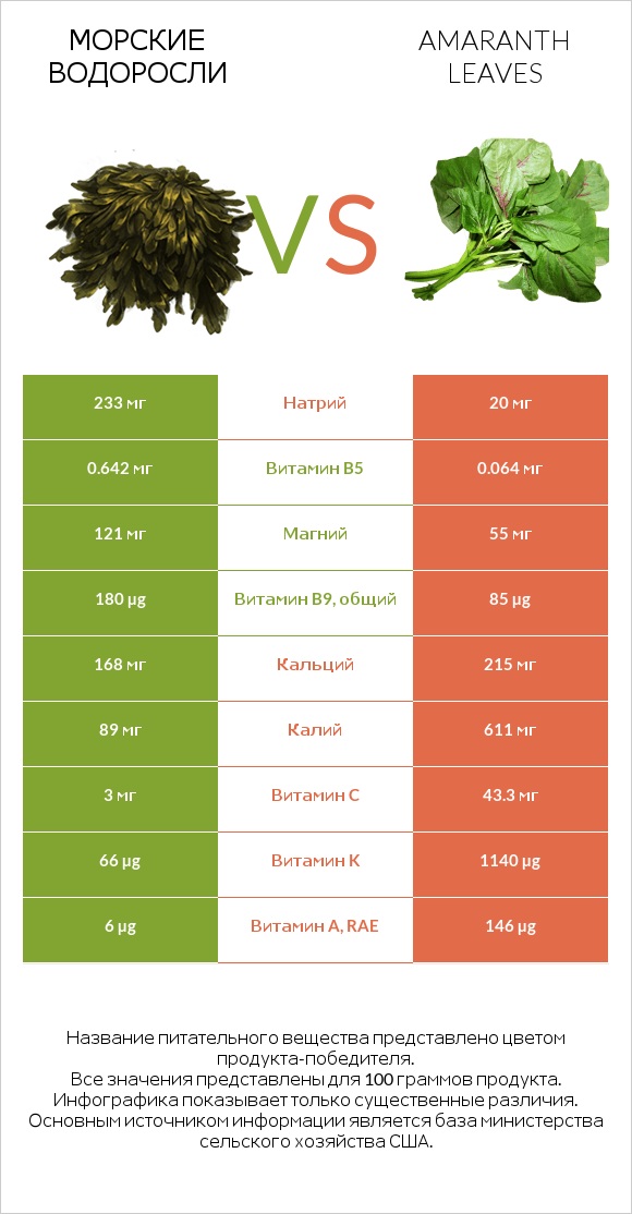 Морские водоросли vs Amaranth leaves infographic