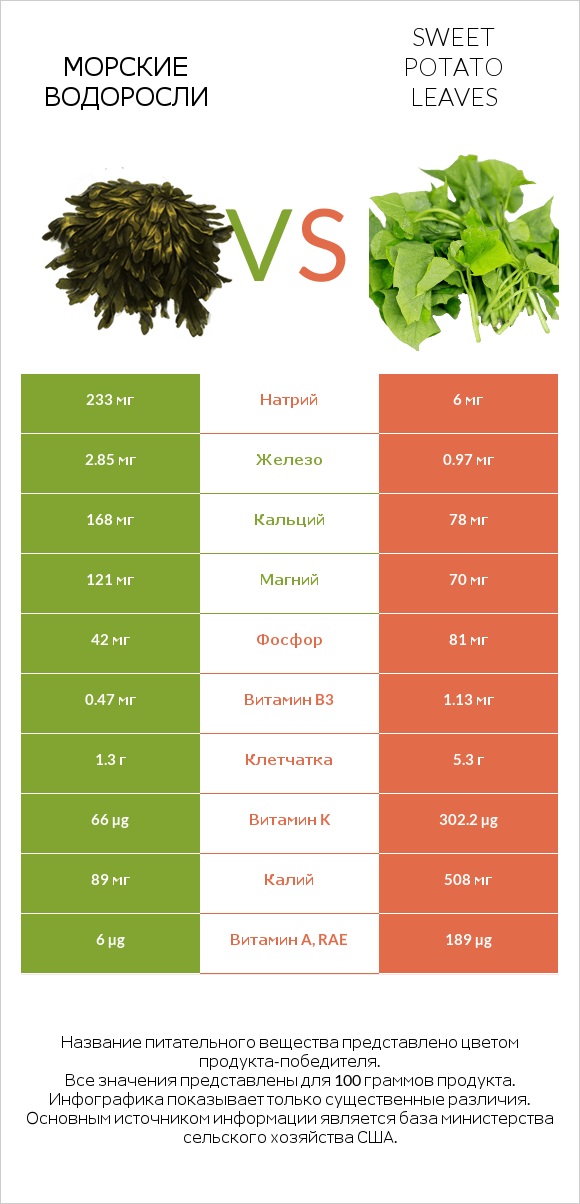 Морские водоросли vs Sweet potato leaves infographic