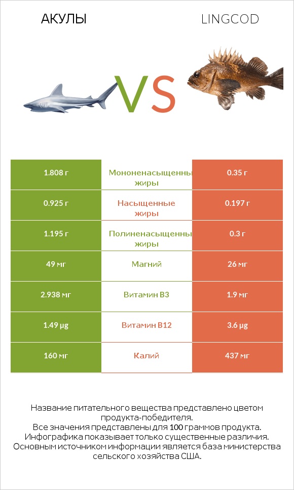 Акула vs Lingcod infographic