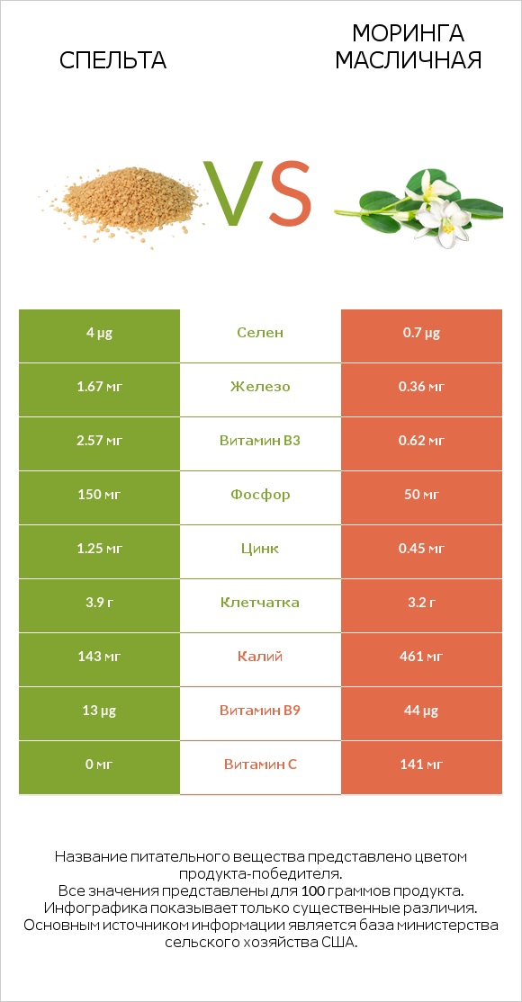 Спельта vs Моринга масличная infographic