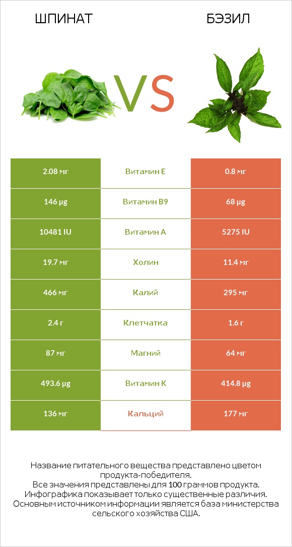 Шпинат vs Бэзил infographic