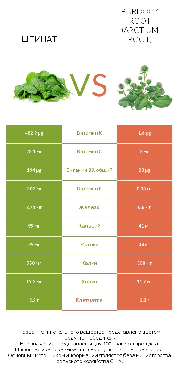 Шпинат vs Burdock root infographic