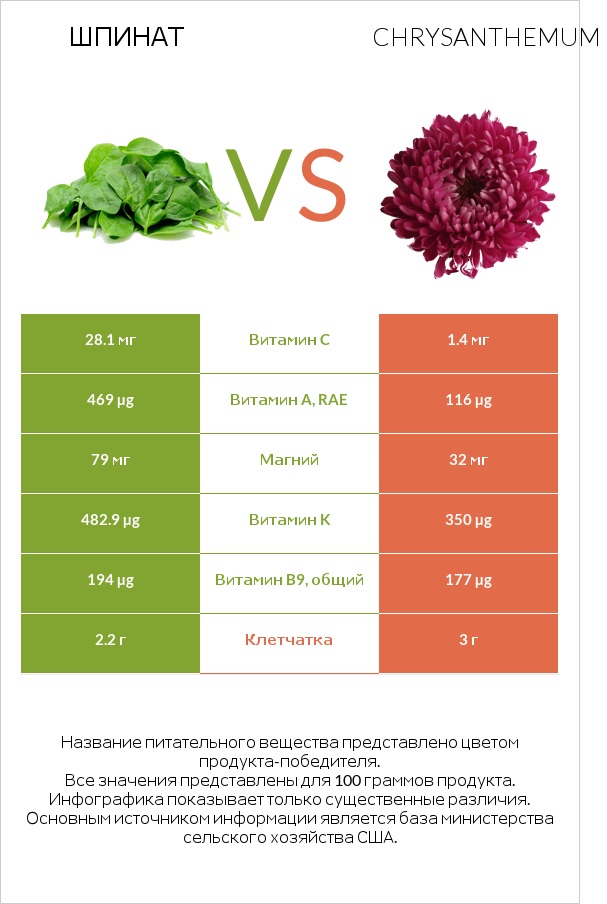 Шпинат vs Chrysanthemum infographic