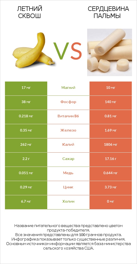 Летний сквош vs Сердцевина пальмы infographic