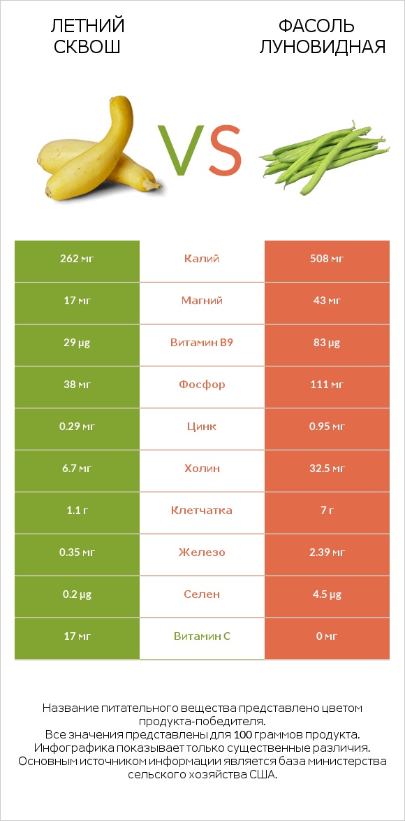 Летний сквош vs Фасоль луновидная infographic