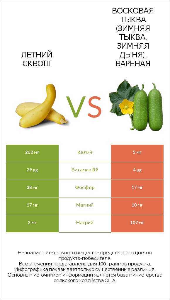 Летний сквош vs Восковая тыква (зимняя тыква, зимняя дыня), вареная infographic