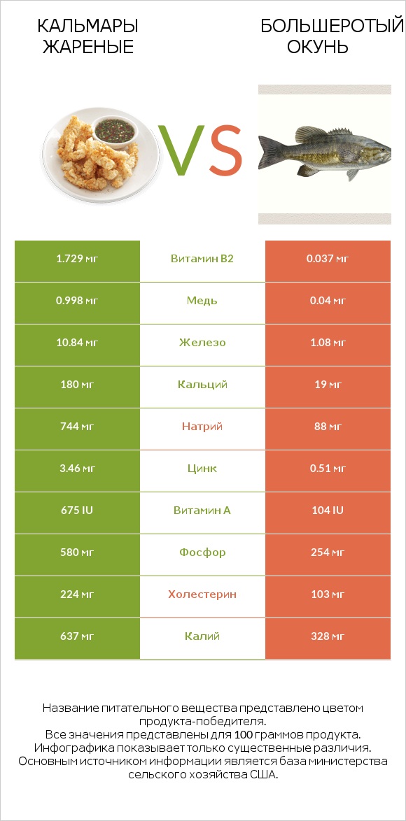 Кальмары жареные vs Большеротый окунь infographic