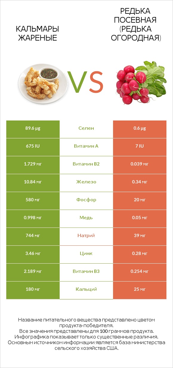 Кальмары жареные vs Редька посевная (Редька огородная) infographic
