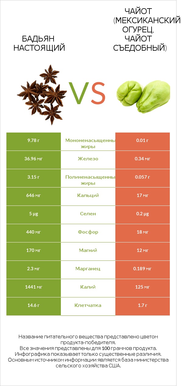 Бадьян настоящий vs Чайот (мексиканский огурец, чайот съедобный) infographic