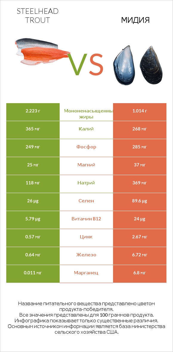 Steelhead trout vs Мидия infographic