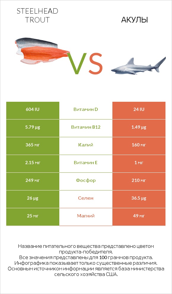 Steelhead trout vs Акула infographic