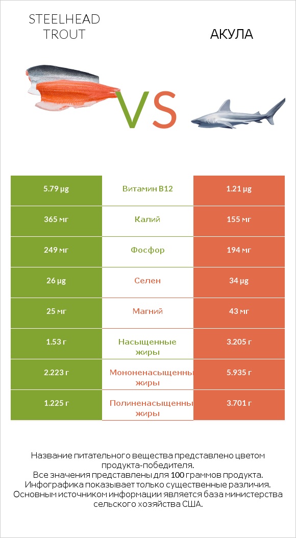 Steelhead trout vs Акула infographic