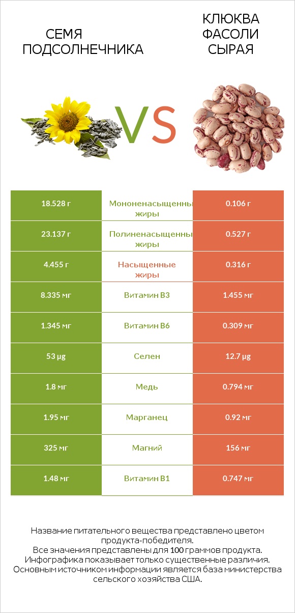 Семя подсолнечника vs Клюква фасоли сырая infographic