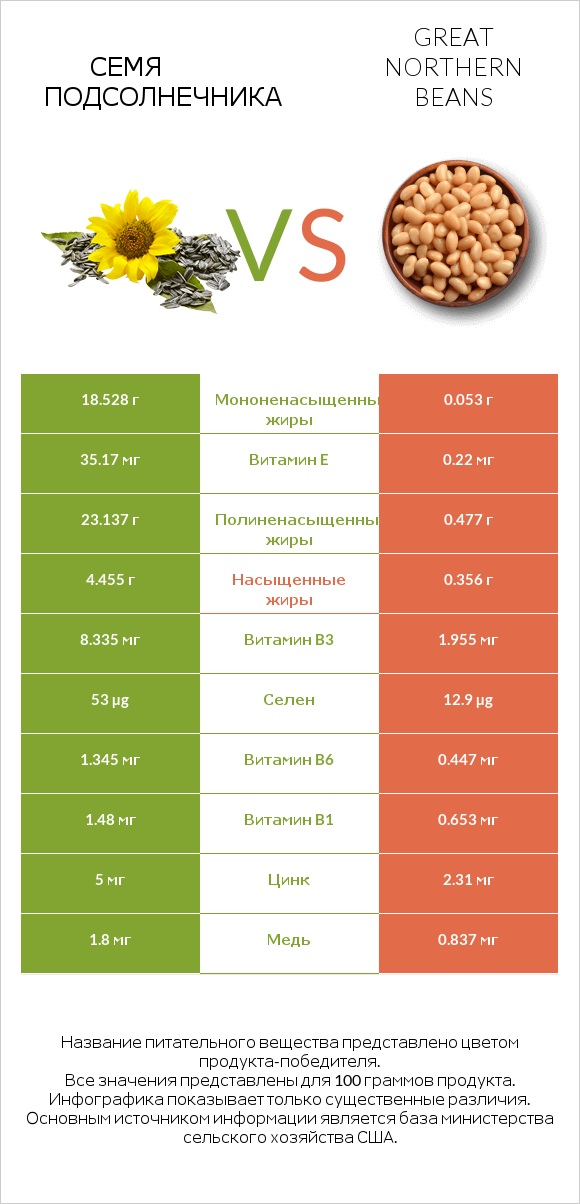 Семя подсолнечника vs Great northern beans infographic