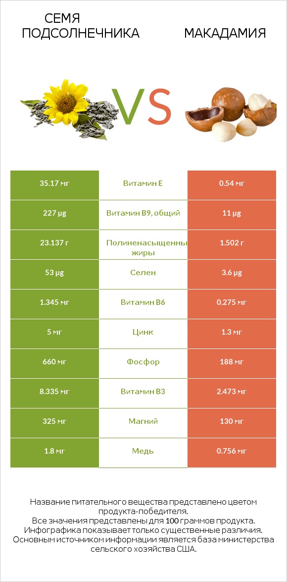 Семя подсолнечника vs Макадамия infographic