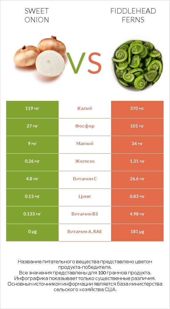 Sweet onion vs Fiddlehead ferns infographic