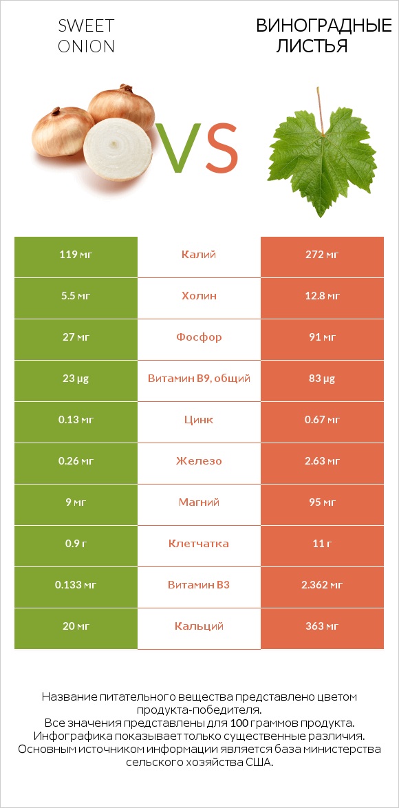 Sweet onion vs Виноградные листья infographic